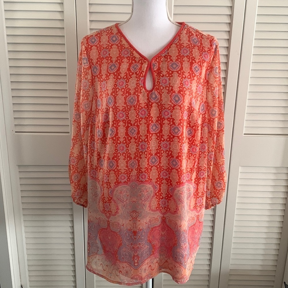 Liz Claiborne Keyhole Neck Orange Jaquard Print Tunic Top Women’s Plus Size 1X